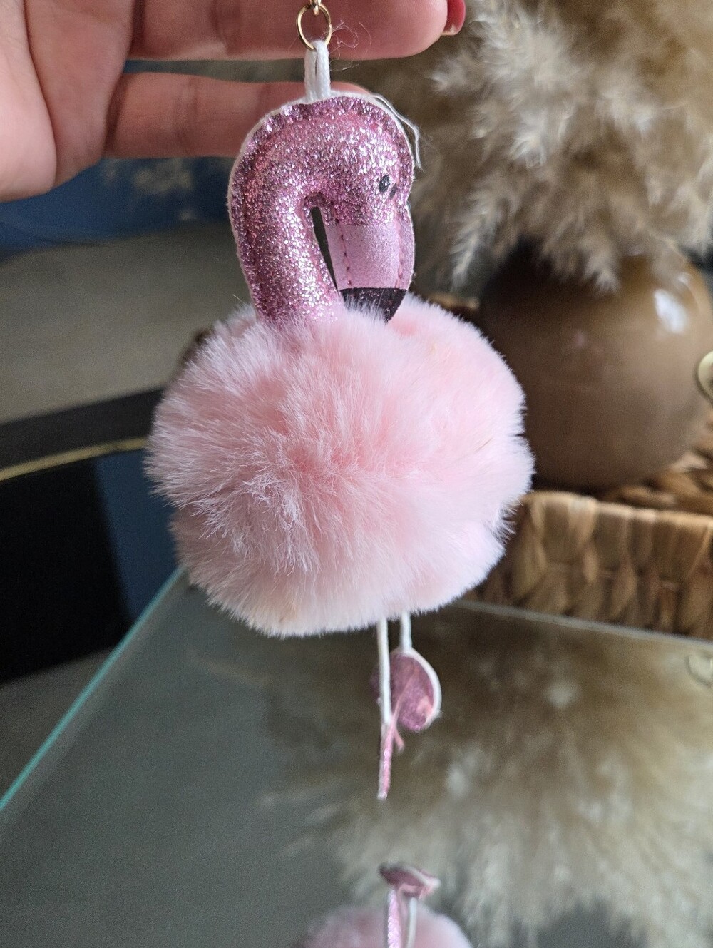 Pink Flamingo Faux Fur Pom Pom Keychain Bag Charm Glitter Flamingo
